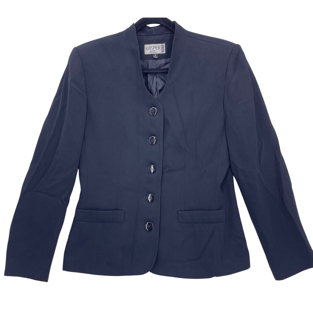 Kasper A.S.L. Black Blazer 8 Padded Shoulders Faux Pockets Button Front